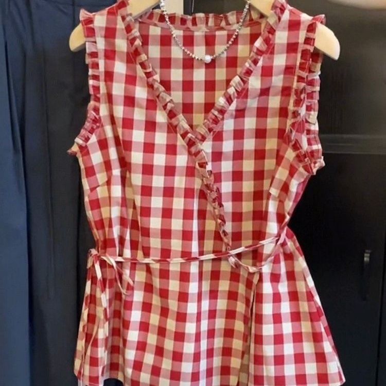 Retro Red Plaid Sleeveless Ves - Corset Waist Cinch recension och pris